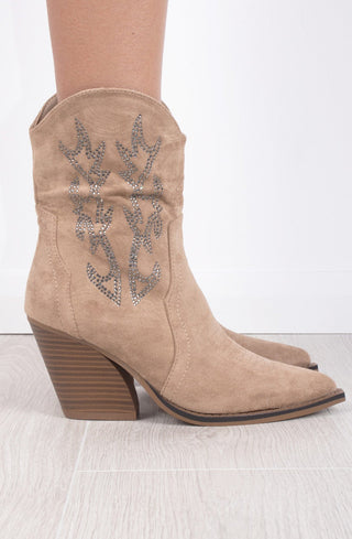 Beige Rhinestone Suede Cowboy Ankle Boots