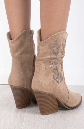 Beige Rhinestone Suede Cowboy Ankle Boots