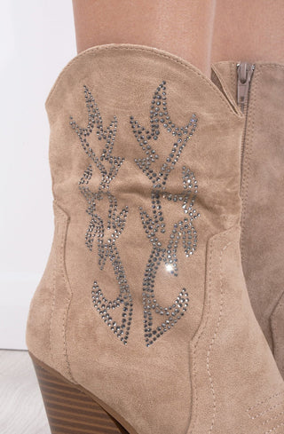 Beige Rhinestone Suede Cowboy Ankle Boots