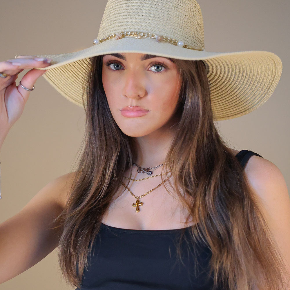 Beige Straw Western Shell Detailing Hat