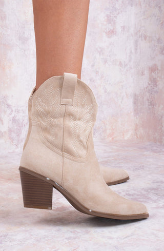 Beige Suede Cowboy Ankle Length Boots