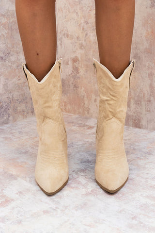 Beige Suede Cowboy Mid Calf Length Boots