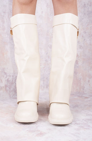 Beige Wedge PU Leather Fold Over Shark Lock Detail Knee High Boot