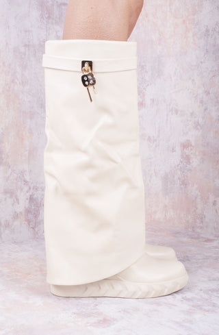 Beige Wedge PU Leather Fold Over Shark Lock Detail Knee High Boot