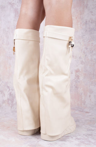 Beige Wedge PU Leather Fold Over Shark Lock Detail Knee High Boot