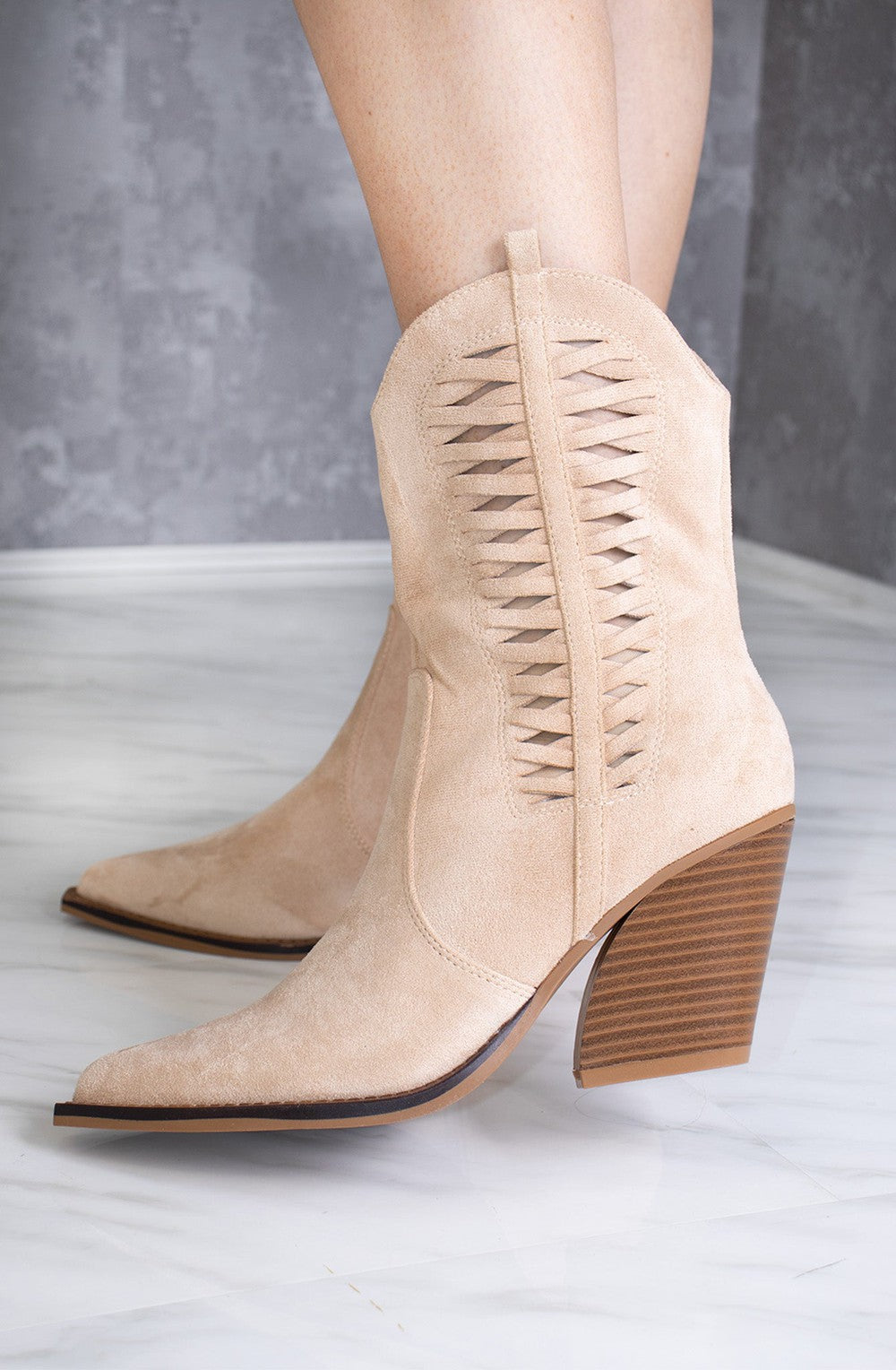 Beige Woven Cut Out Cowboy Boot