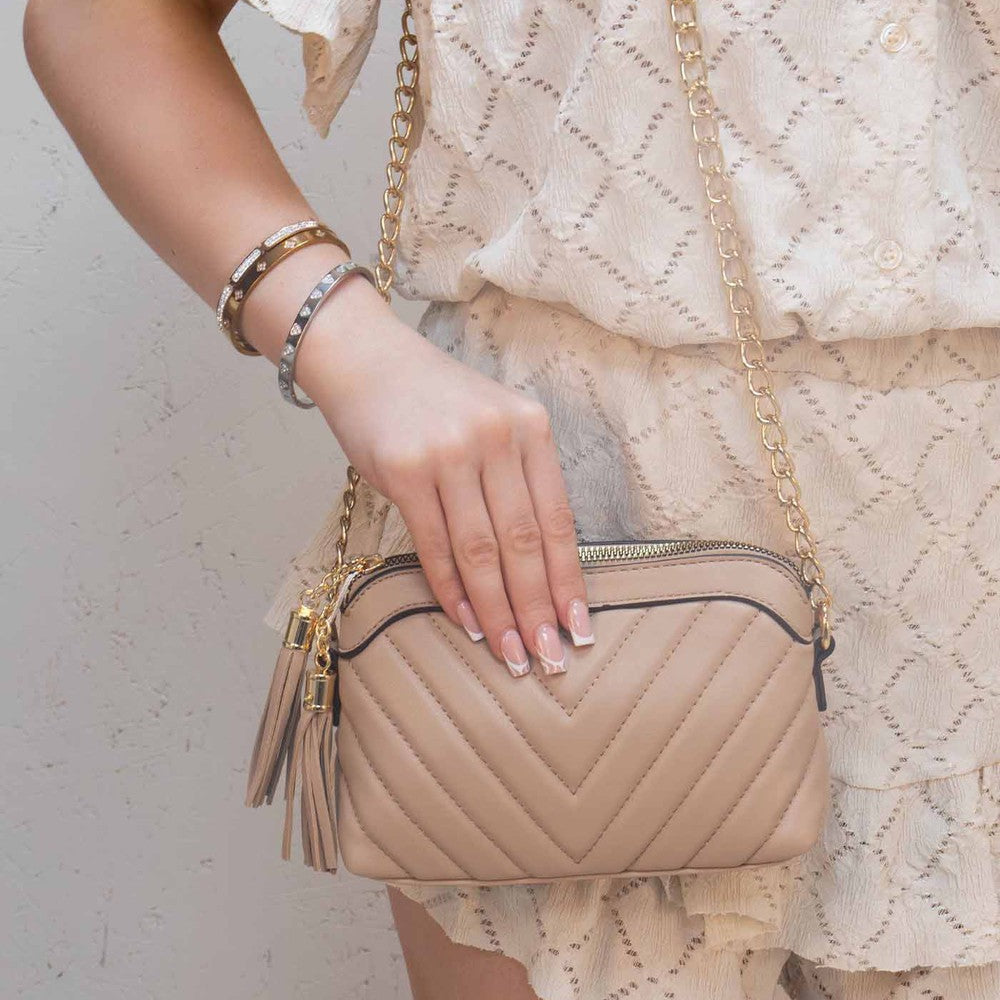 Beige and Gold PU Leather Tassel Cross-Body Chain Bag