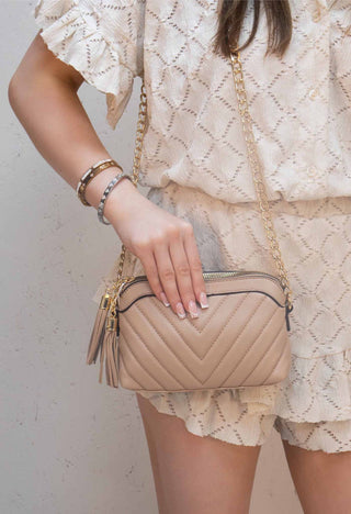 Beige and Gold PU Leather Tassel Cross-Body Chain Bag