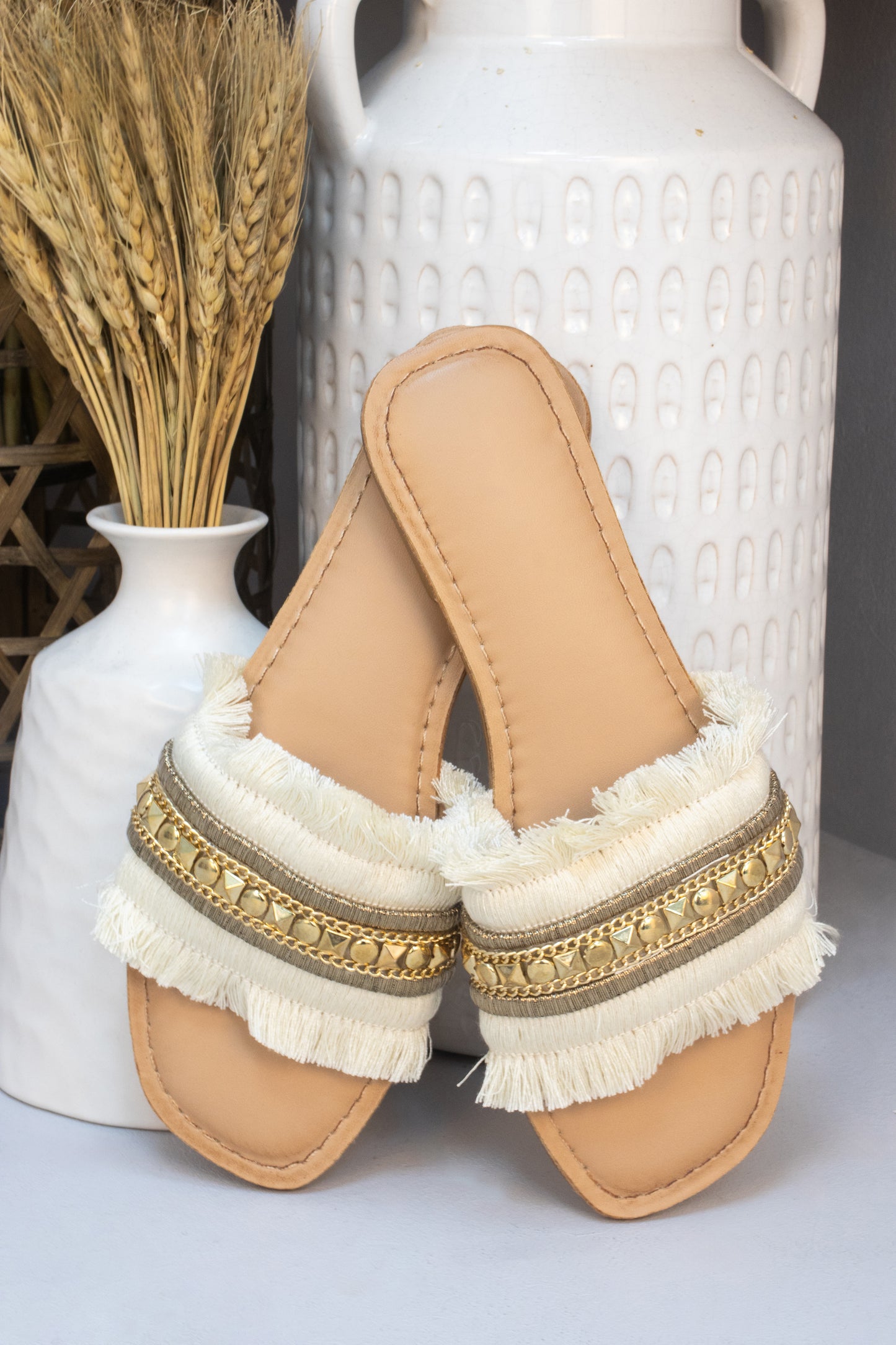 Beige Tassel Fringe Studded Slider Style Sandals