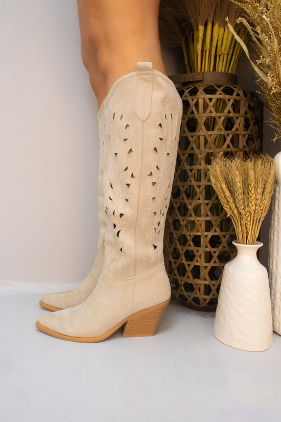 Beige Long Classic Western Cut Out Cowboy Boot