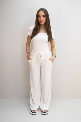 Bella Cream Ribbed Bodysuit & Straight Leg Trouser Co-Ord Set