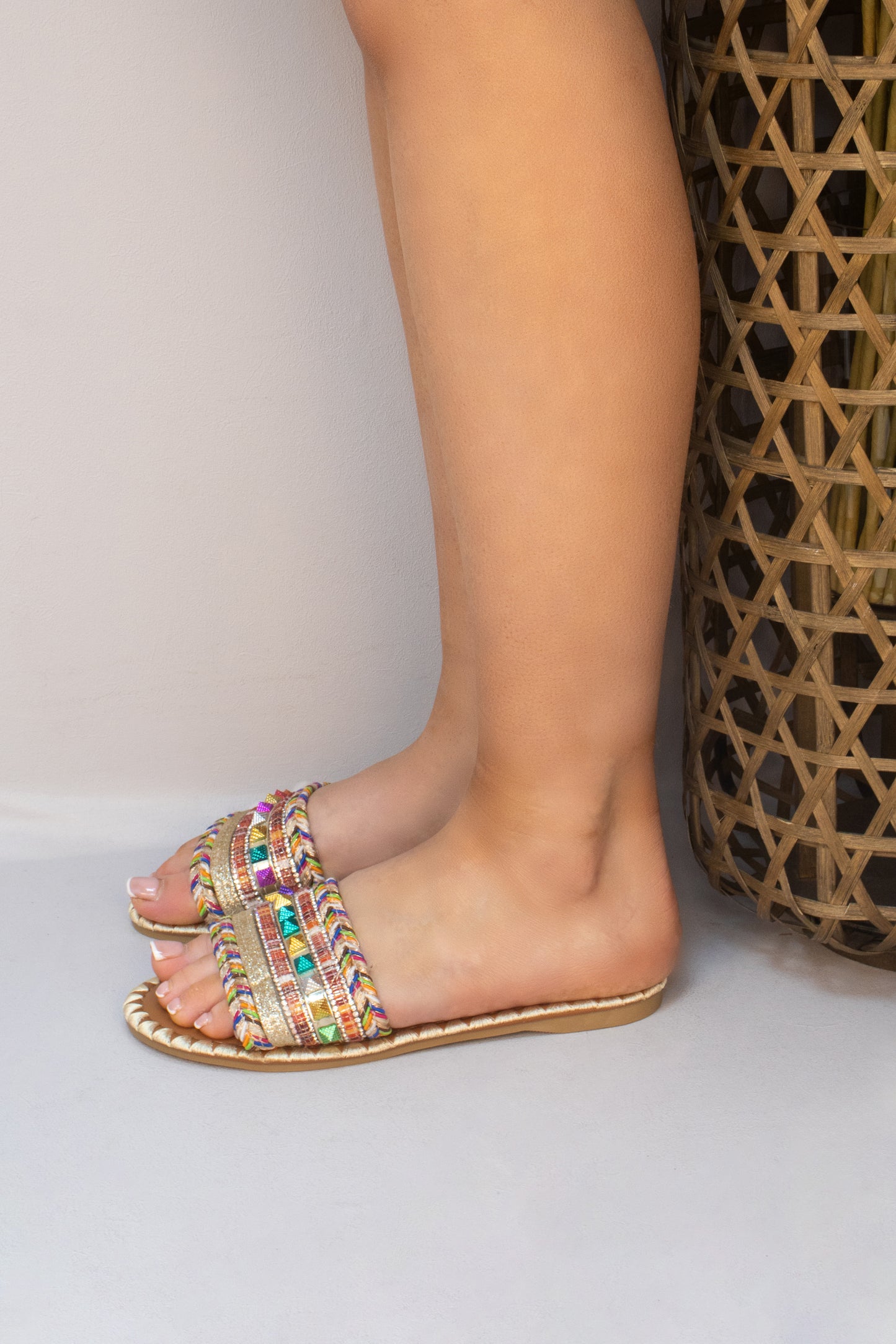 Beige Studded Glitter Flat Slider Sandals