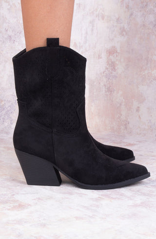 Black Almond Toe Ankle Embroidered Cowboy Boot