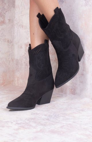 Black Almond Toe Ankle Embroidered Cowboy Boot