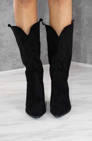 Black Almond Toe Mid Calf Embroidered Cowboy Boot