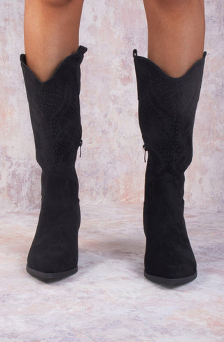 Black Almond Toe Mid Calf Embroidered Cowboy Boot