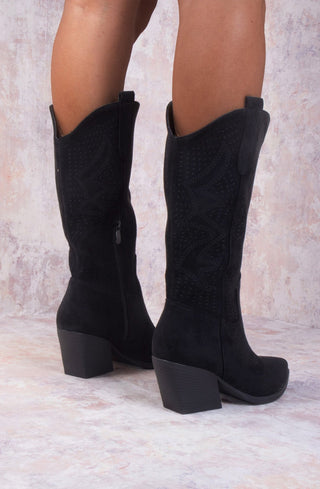 Black Almond Toe Mid Calf Embroidered Cowboy Boot