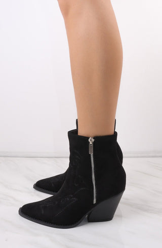 Black Ankle Faux Suede Embroidered Cowboy Boot