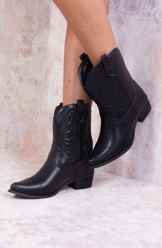 Black Ankle Length PU Cowboy Boot