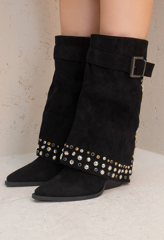 Black Buckle Mid Length Studded Shark Boots