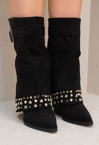 Black Buckle Mid Length Studded Shark Boots