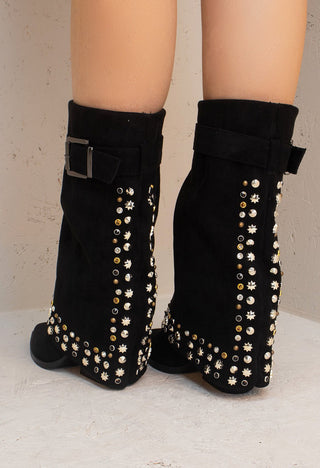 Black Buckle Mid Length Studded Shark Boots