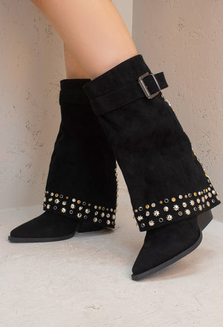 Black Buckle Mid Length Studded Shark Boots