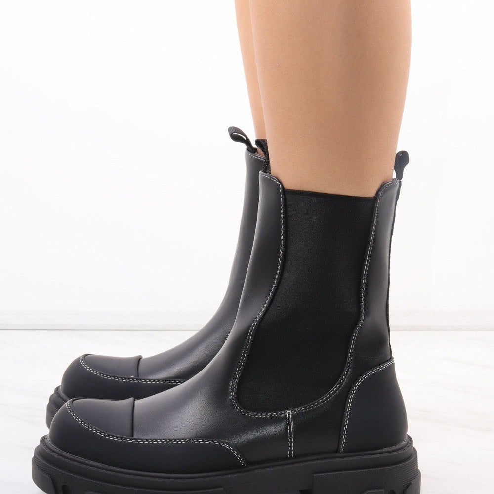 
                      
                        Black Calf Length Chunky Faux Leather Chelsea Boots
                      
                    