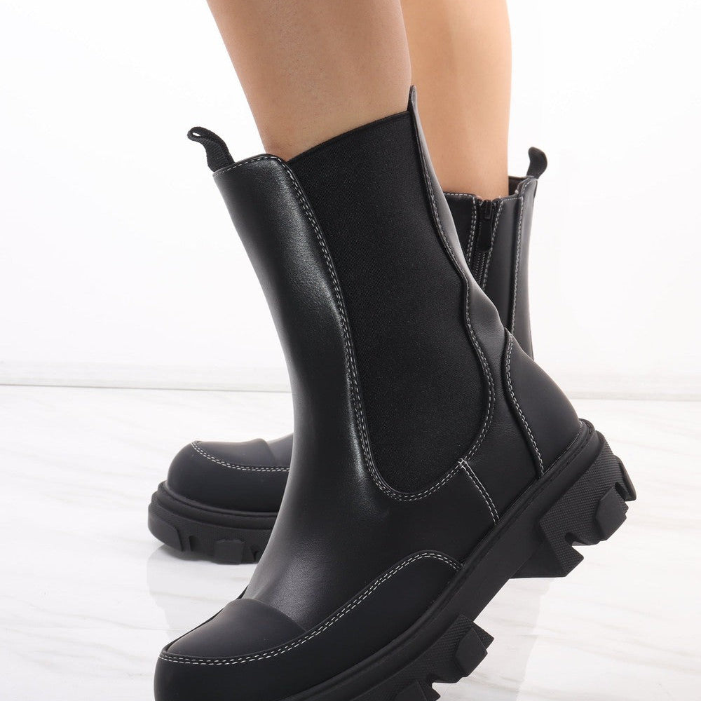 
                      
                        Black Calf Length Chunky Faux Leather Chelsea Boots
                      
                    