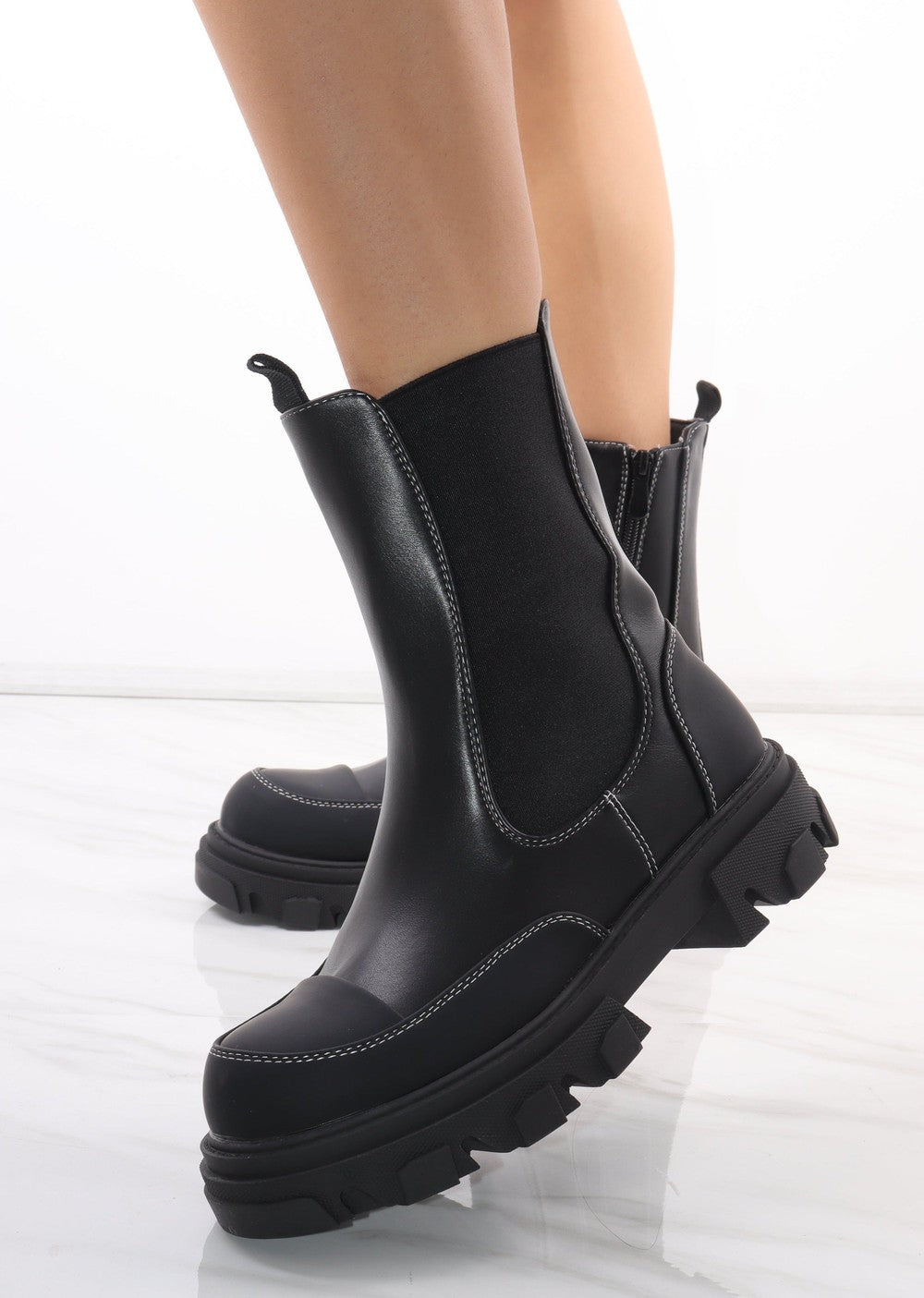 Black Calf Length Chunky Faux Leather Chelsea Boots