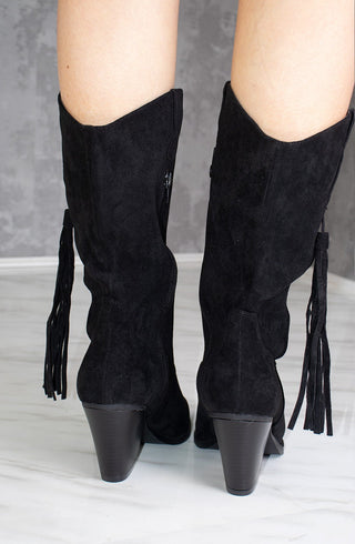 Black Calf Length Faux Suede Tassel Cowboy Boot