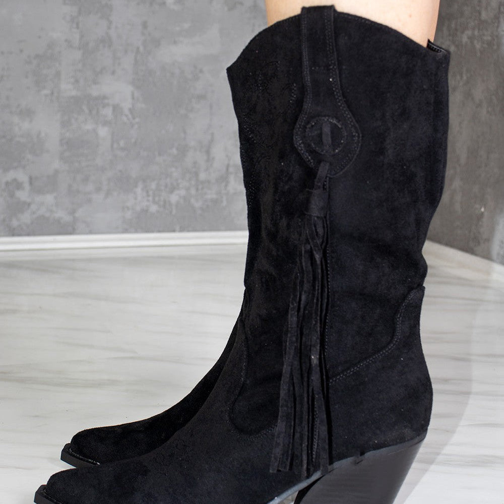 
                      
                        Black Calf Length Faux Suede Tassel Cowboy Boot
                      
                    