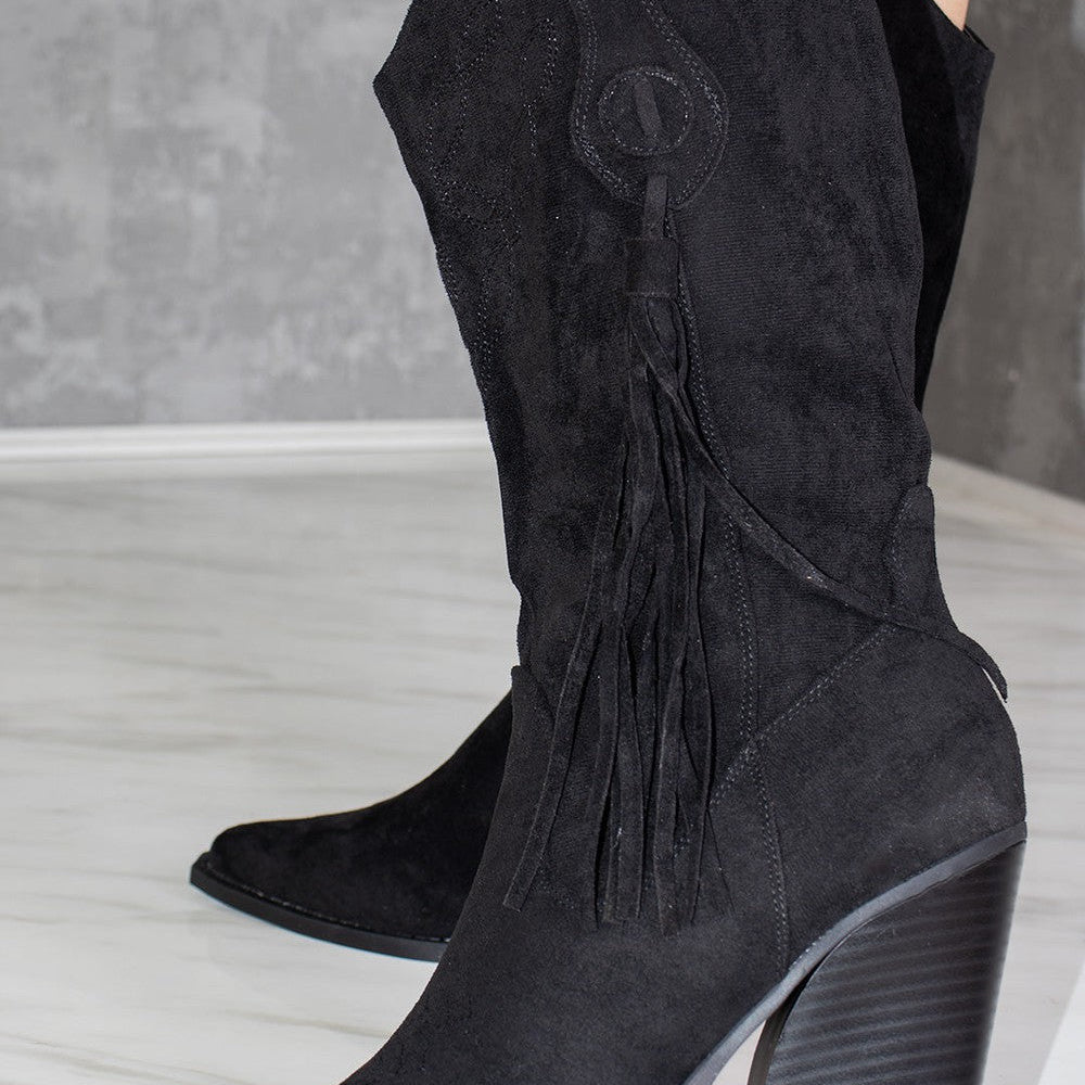 
                      
                        Black Calf Length Faux Suede Tassel Cowboy Boot
                      
                    