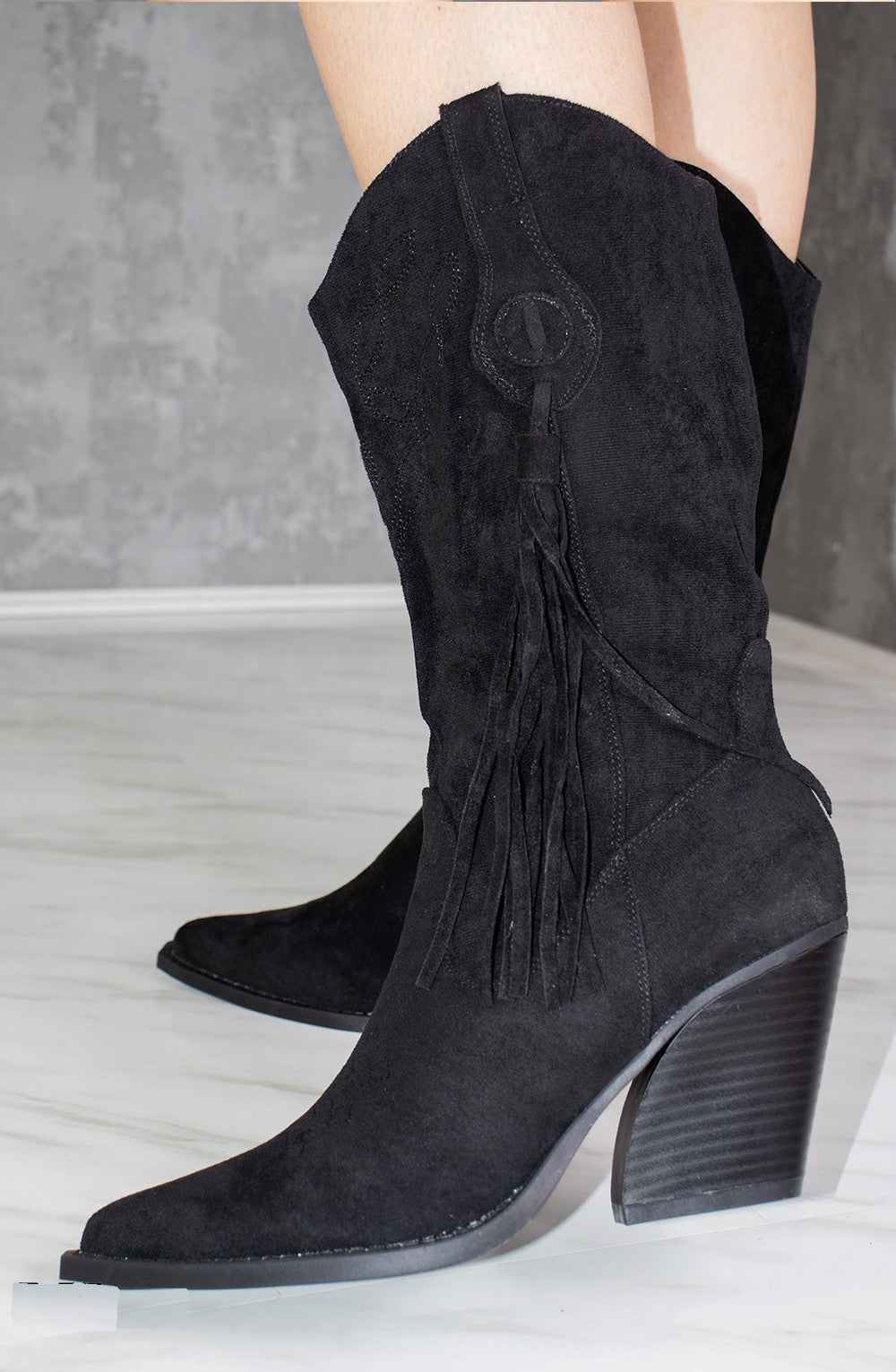 Black Calf Length Faux Suede Tassel Cowboy Boot