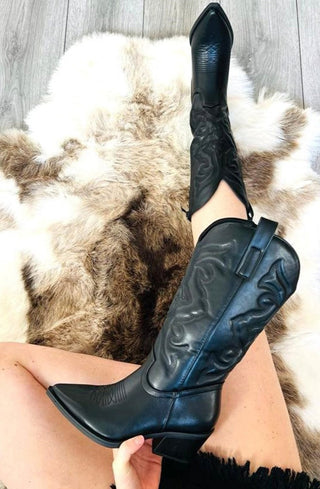 Black Calf Length PU Cowboy Boot