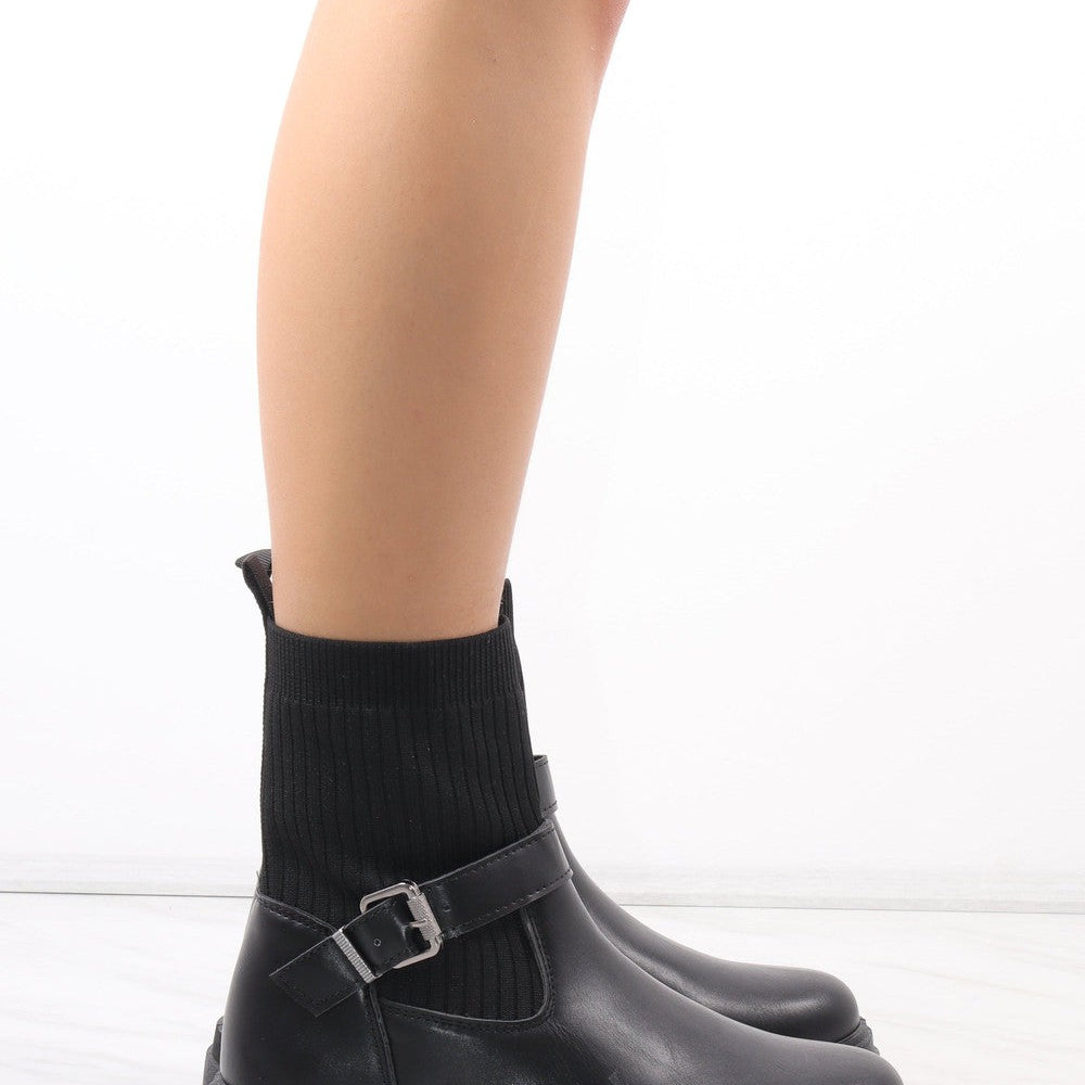 
                      
                        Black Chunky Faux Leather Buckle Sock Boot
                      
                    