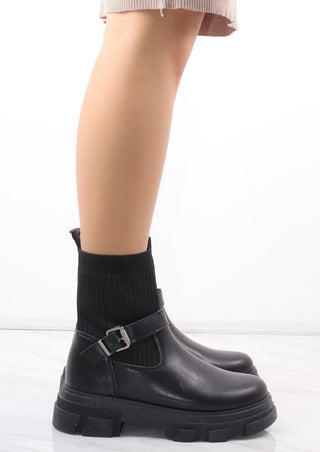 Black Chunky Faux Leather Buckle Sock Boot