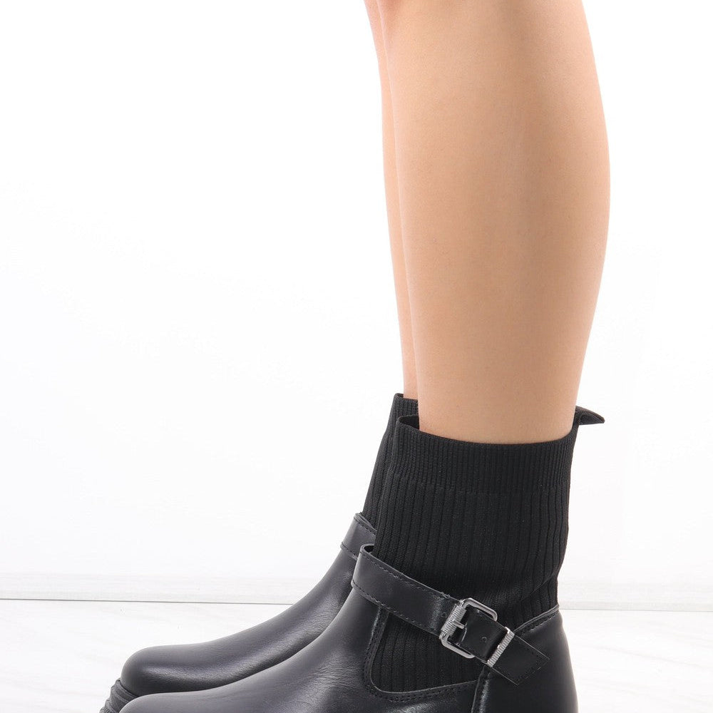 
                      
                        Black Chunky Faux Leather Buckle Sock Boot
                      
                    