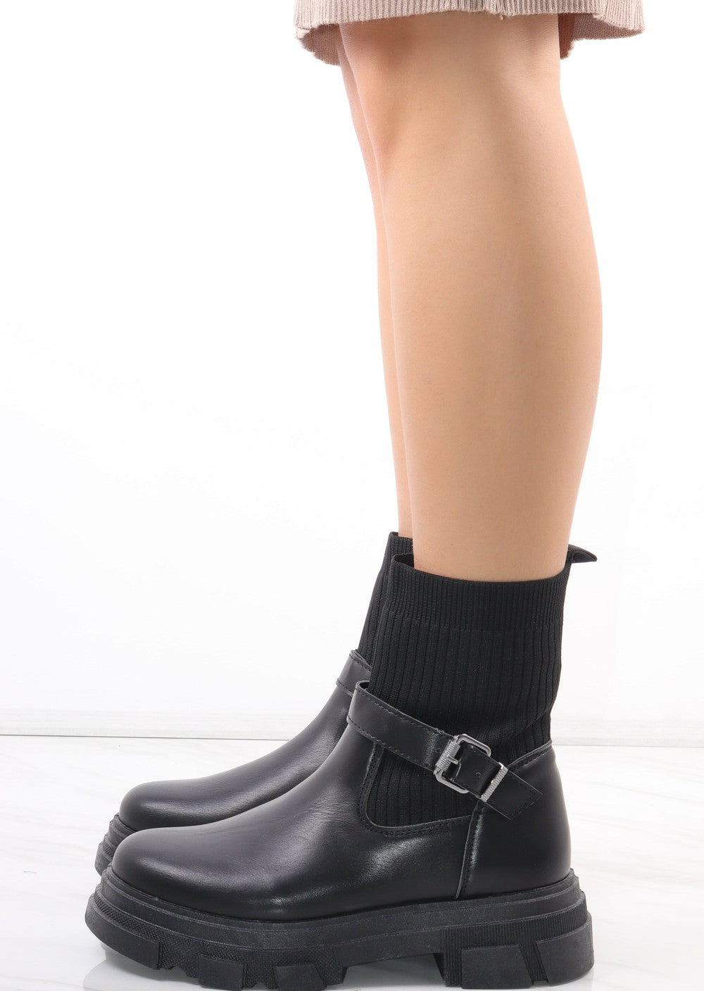 Ladies/Womens Autumn Black Chunky Faux Leather Buckle Strap Sock