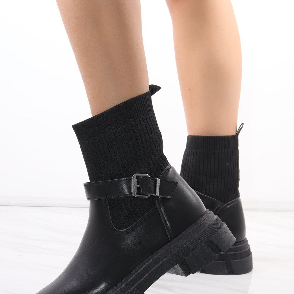 
                      
                        Black Chunky Faux Leather Buckle Sock Boot
                      
                    