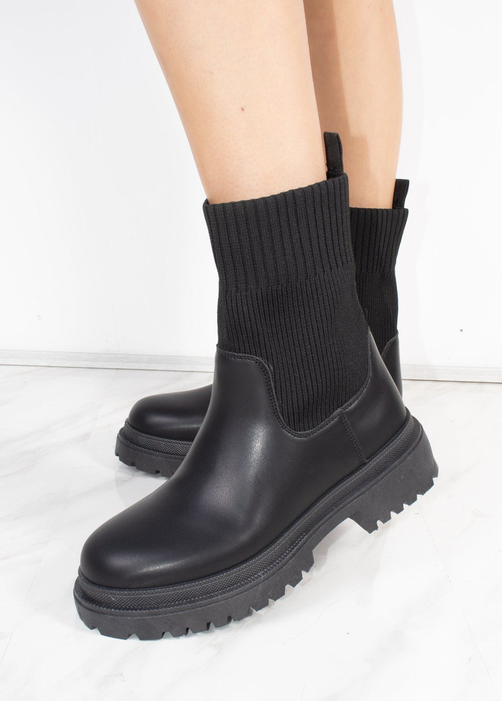 Black Chunky Faux Leather Sock Boot