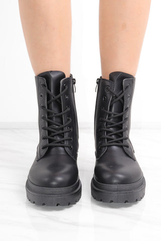 Black Chunky Lace Up Short Platform Ankle Boots