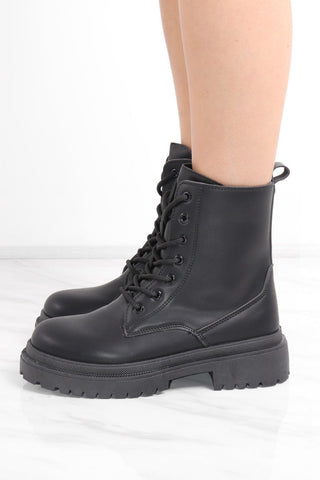 Black Chunky Lace Up Short Platform Ankle Boots