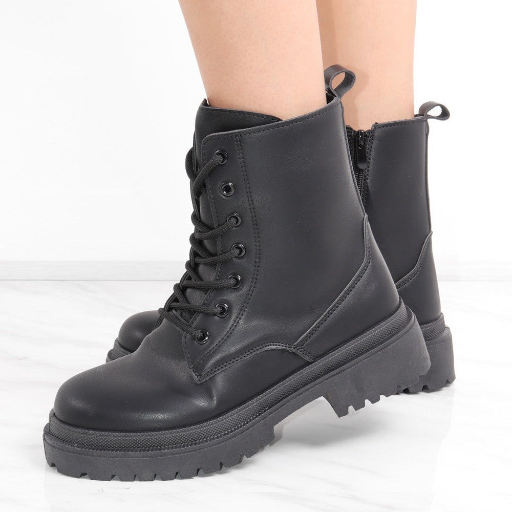 Black Chunky Lace Up Short Platform Ankle Boots