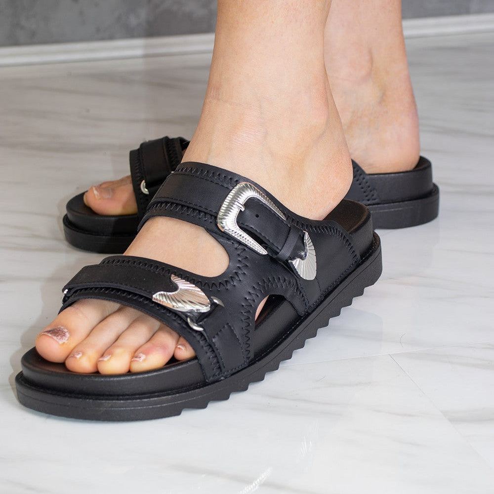 
                      
                        Black Chunky Silver Buckle Slider Sandal
                      
                    