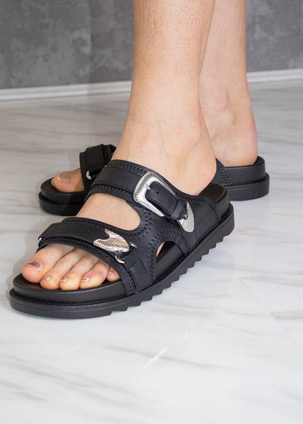 Ladies Black Chunky Silver Buckle Slider Sandal Miss Moda Luxe
