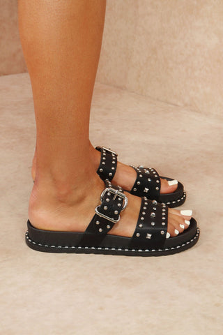 Black Chunky Studded Buckle Sandals