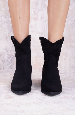 Black Classic Faux Suede Cut Out Heeled Cowboy Boot