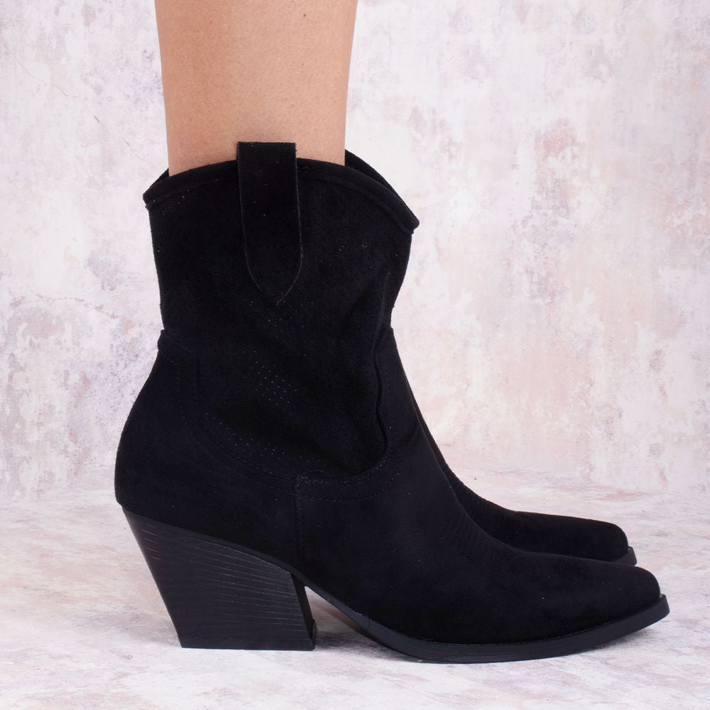 
                      
                        Black Classic Faux Suede Cut Out Heeled Cowboy Boot
                      
                    