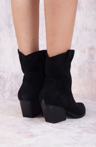 Black Classic Faux Suede Cut Out Heeled Cowboy Boot